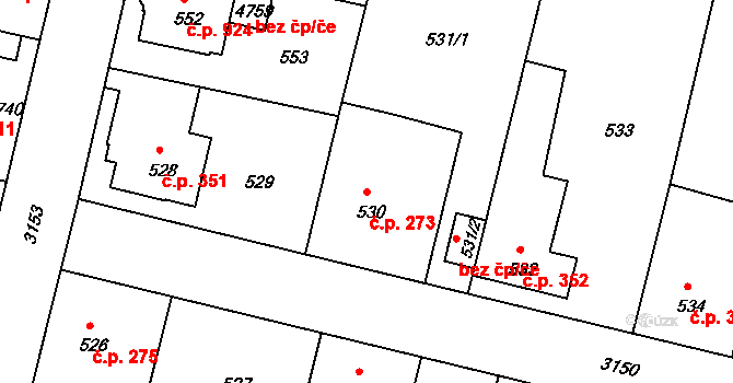 Čelákovice 273 na parcele st. 530 v KÚ Čelákovice, Katastrální mapa