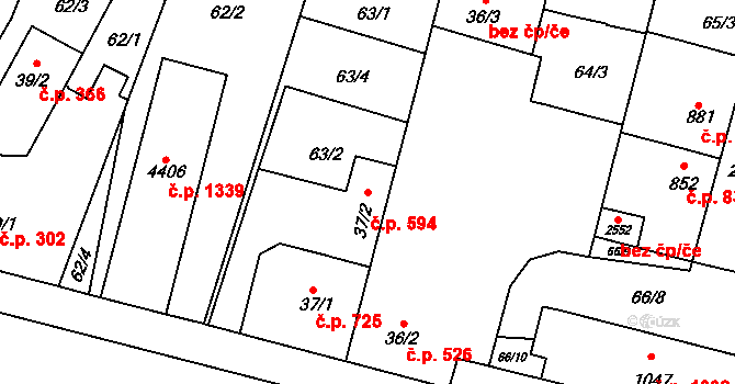 Kyjov 594 na parcele st. 37/2 v KÚ Kyjov, Katastrální mapa