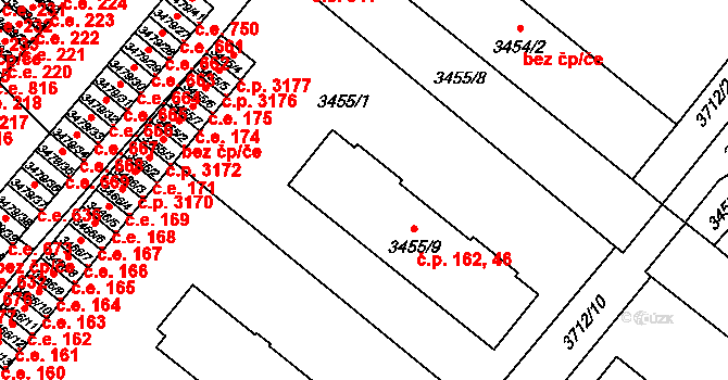Vyškov-Předměstí 46,162, Vyškov na parcele st. 3455/9 v KÚ Vyškov, Katastrální mapa