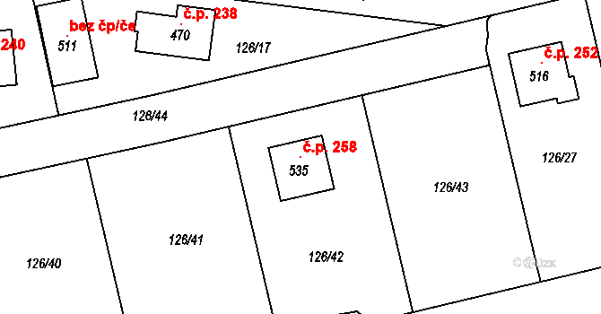 Panenské Břežany 258 na parcele st. 535 v KÚ Panenské Břežany, Katastrální mapa