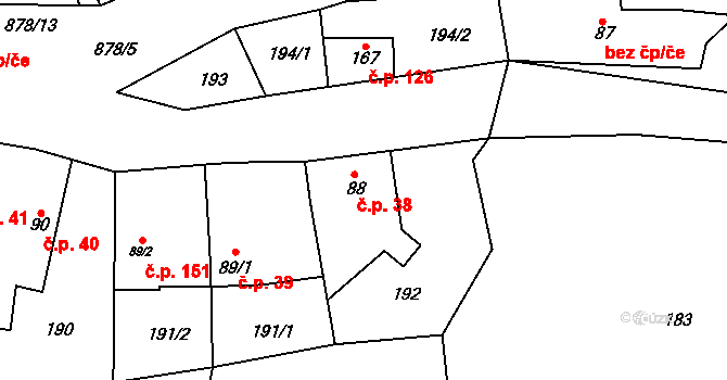 Suchomasty 38 na parcele st. 88 v KÚ Suchomasty, Katastrální mapa