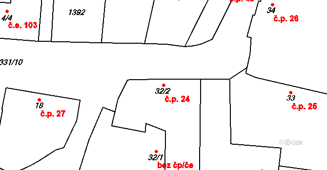 Malovice 24, Erpužice na parcele st. 32/2 v KÚ Malovice u Erpužic, Katastrální mapa