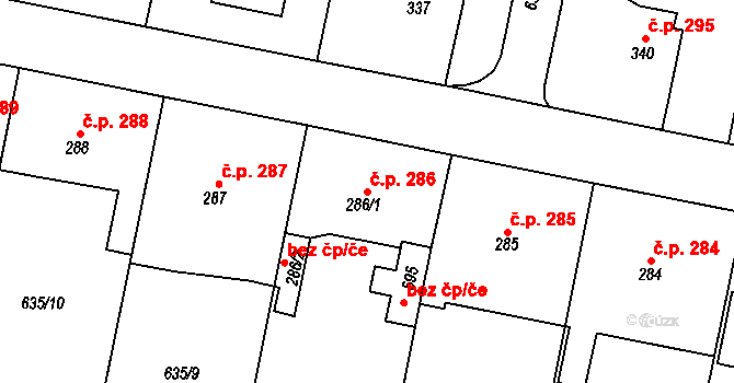 Předměřice nad Labem 286 na parcele st. 286/1 v KÚ Předměřice nad Labem, Katastrální mapa