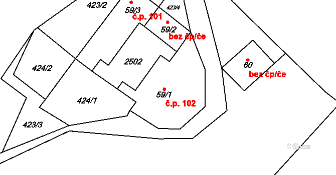 Telecí 102 na parcele st. 59/1 v KÚ Telecí, Katastrální mapa