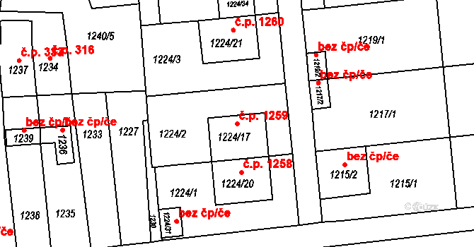 Hulín 1259 na parcele st. 1224/17 v KÚ Hulín, Katastrální mapa