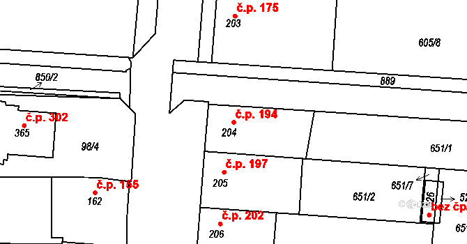 Slatinice 194 na parcele st. 204 v KÚ Slatinice na Hané, Katastrální mapa