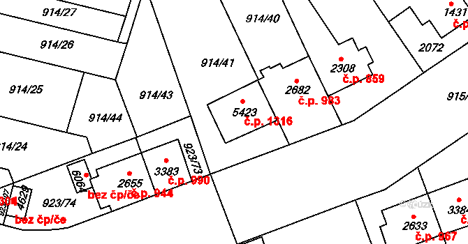 Horka-Domky 1316, Třebíč na parcele st. 5423 v KÚ Třebíč, Katastrální mapa