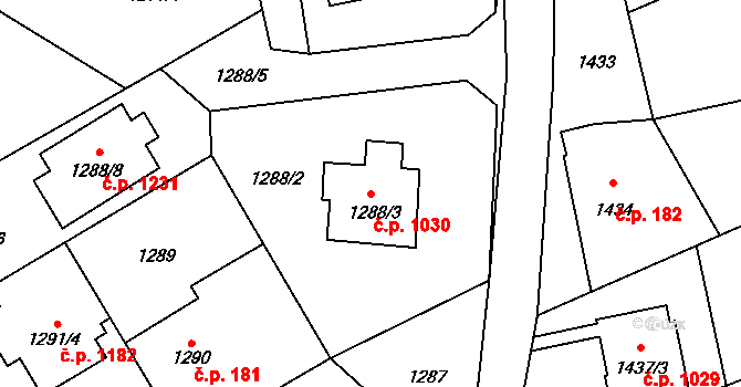 Ráj 1030, Karviná na parcele st. 1288/3 v KÚ Ráj, Katastrální mapa