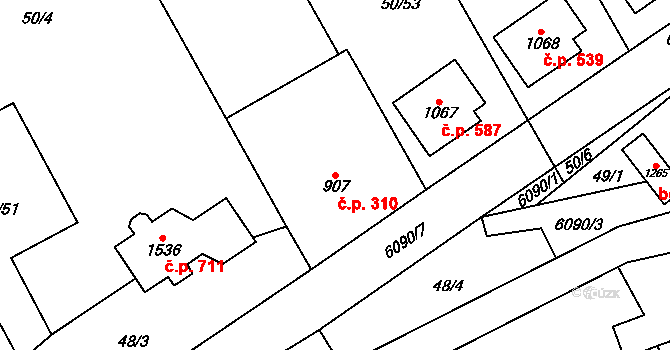 Halenkov 310 na parcele st. 907 v KÚ Halenkov, Katastrální mapa
