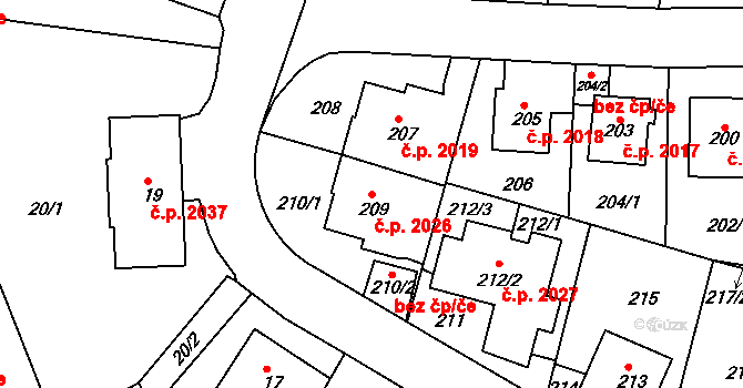 Komořany 2026, Praha na parcele st. 209 v KÚ Komořany, Katastrální mapa
