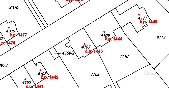 Smíchov 1443, Praha na parcele st. 4107 v KÚ Smíchov, Katastrální mapa