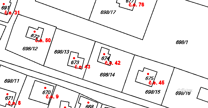 Řícmanice 42 na parcele st. 674 v KÚ Řícmanice, Katastrální mapa