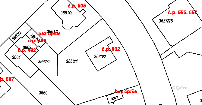 Božkov 602, Plzeň na parcele st. 3860/2 v KÚ Plzeň, Katastrální mapa