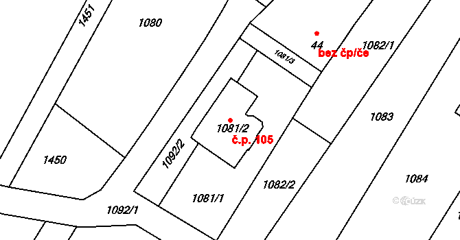 Chvalovice 105 na parcele st. 1081/2 v KÚ Chvalovice, Katastrální mapa