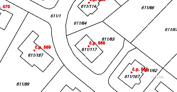 Srubec 566 na parcele st. 611/117 v KÚ Srubec, Katastrální mapa