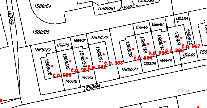 Řeporyje 963, Praha na parcele st. 1568/31 v KÚ Řeporyje, Katastrální mapa