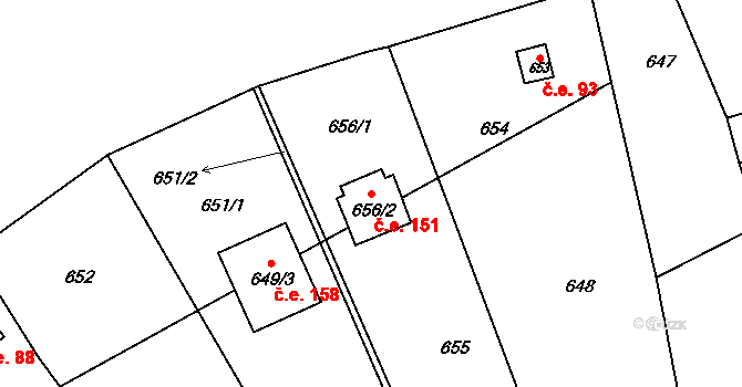 Sentice 151 na parcele st. 656/2 v KÚ Sentice, Katastrální mapa
