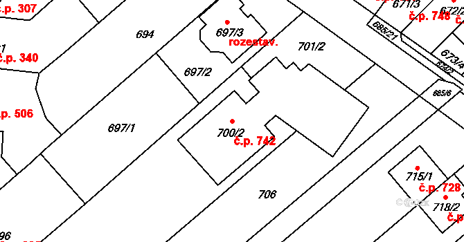 Bosonohy 742, Brno na parcele st. 700/2 v KÚ Bosonohy, Katastrální mapa
