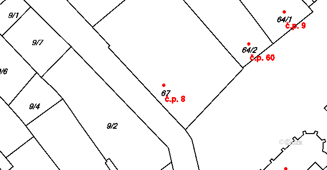 Podbřežice 8 na parcele st. 67 v KÚ Podbřežice, Katastrální mapa