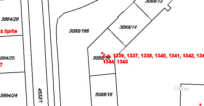 Hlučín 1337,1338,1339,1340, na parcele st. 3088/15 v KÚ Hlučín, Katastrální mapa