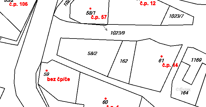 Bystřice 126 na parcele st. 58/2 v KÚ Bystřice, Katastrální mapa