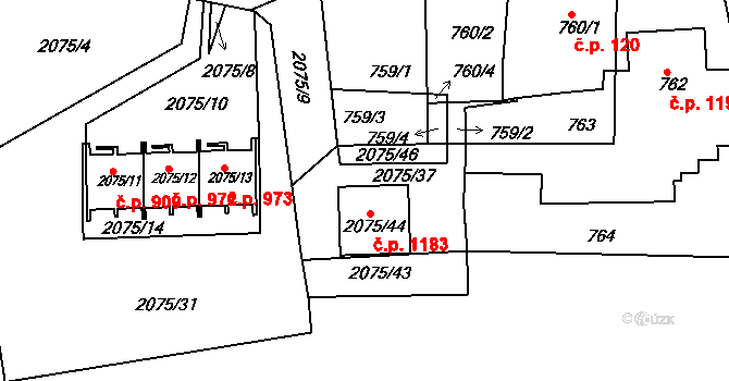 Třemošná 1183 na parcele st. 2075/44 v KÚ Třemošná, Katastrální mapa