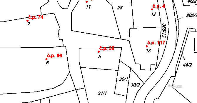 Hroubovice 38 na parcele st. 5 v KÚ Hroubovice, Katastrální mapa