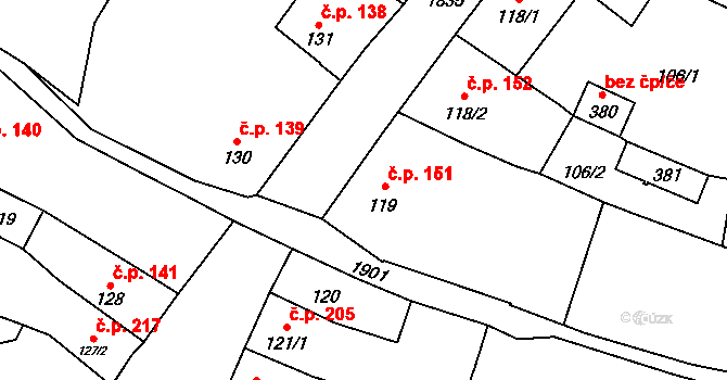 Jistebnice 151 na parcele st. 119 v KÚ Jistebnice, Katastrální mapa