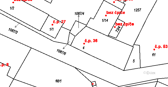 Borovy 36 na parcele st. 4 v KÚ Borovy, Katastrální mapa