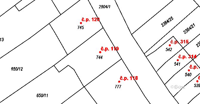 Olivětín 119, Broumov na parcele st. 744 v KÚ Broumov, Katastrální mapa
