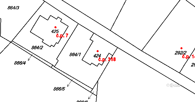 Hejtmánkovice 318 na parcele st. 424 v KÚ Hejtmánkovice, Katastrální mapa