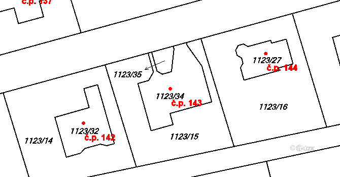 Nahořany 143 na parcele st. 1123/34 v KÚ Nahořany nad Metují, Katastrální mapa