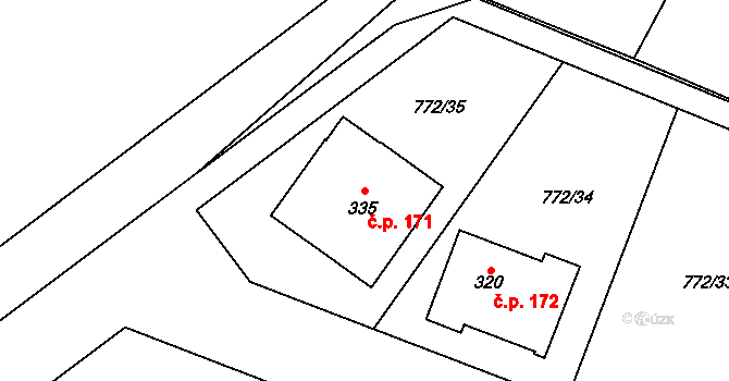 Všeruby 171 na parcele st. 335 v KÚ Všeruby u Kdyně, Katastrální mapa