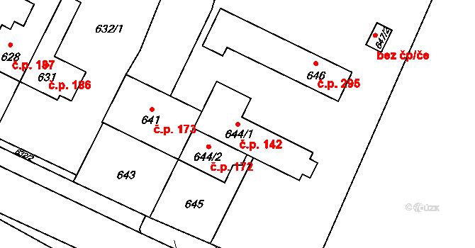 Rychlov 142, Bystřice pod Hostýnem na parcele st. 644/1 v KÚ Rychlov u Bystřice pod Hostýnem, Katastrální mapa