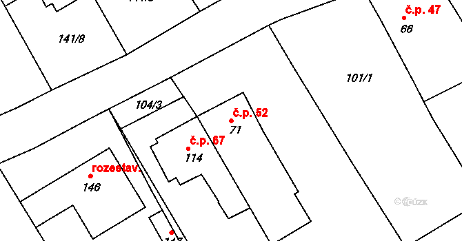 Hrdibořice 52 na parcele st. 71 v KÚ Hrdibořice, Katastrální mapa