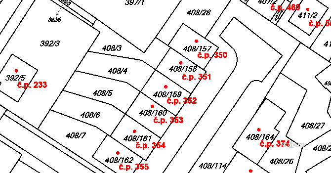 Dobšice 352 na parcele st. 408/159 v KÚ Dobšice u Znojma, Katastrální mapa