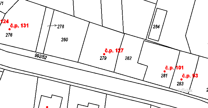 Srubec 127 na parcele st. 279 v KÚ Srubec, Katastrální mapa