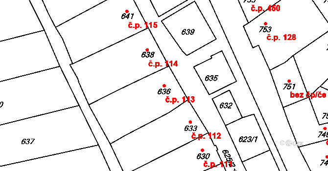 Hovorany 113 na parcele st. 636 v KÚ Hovorany, Katastrální mapa