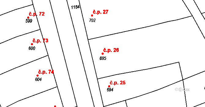Šardice 26 na parcele st. 695 v KÚ Šardice, Katastrální mapa
