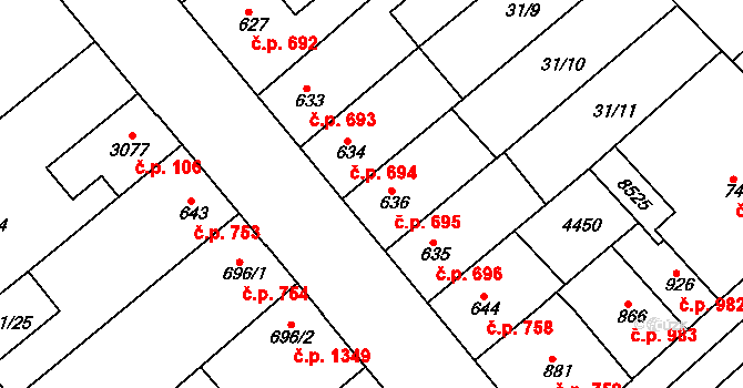 Veselí nad Moravou 695 na parcele st. 636 v KÚ Veselí-Předměstí, Katastrální mapa