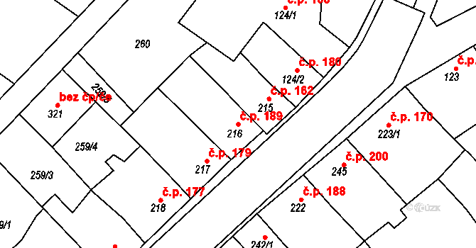 Senice na Hané 189 na parcele st. 216 v KÚ Senice na Hané, Katastrální mapa