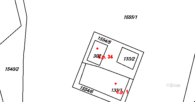 Kovářov 34, Brloh na parcele st. 302 v KÚ Janské Údolí-Kovářov, Katastrální mapa