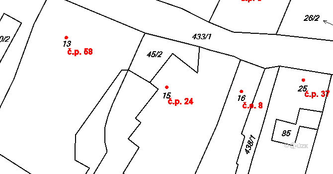Křešov 24, Snědovice na parcele st. 15 v KÚ Křešov, Katastrální mapa