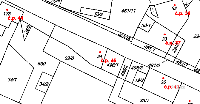 Třeboutice 45, Křešice na parcele st. 34 v KÚ Třeboutice, Katastrální mapa