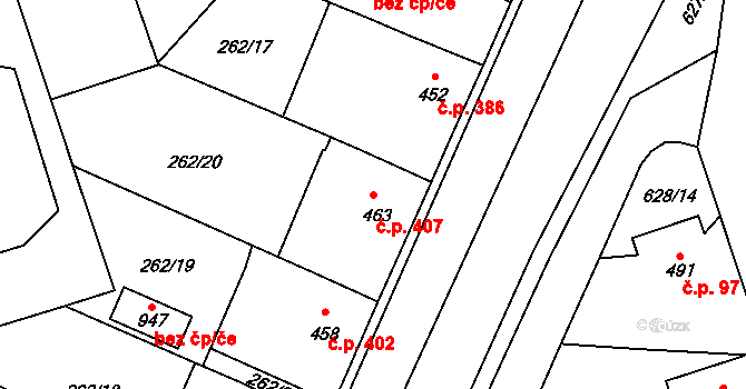 Libáň 407 na parcele st. 463 v KÚ Libáň, Katastrální mapa