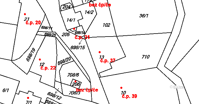 Rašovice 37, Klášterec nad Ohří na parcele st. 13 v KÚ Rašovice u Klášterce nad Ohří, Katastrální mapa