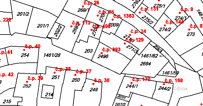 Horka-Domky 393, Třebíč na parcele st. 2496 v KÚ Třebíč, Katastrální mapa