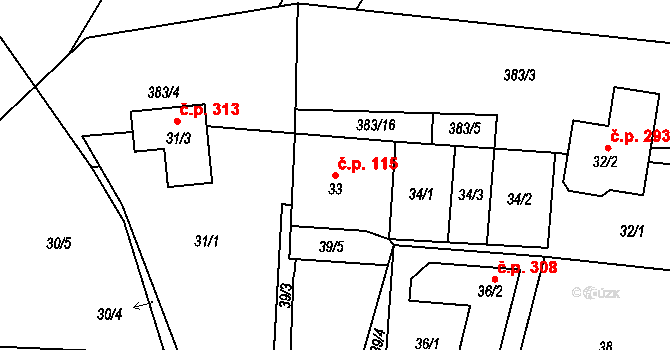 Mstišov 115, Dubí na parcele st. 33 v KÚ Mstišov, Katastrální mapa