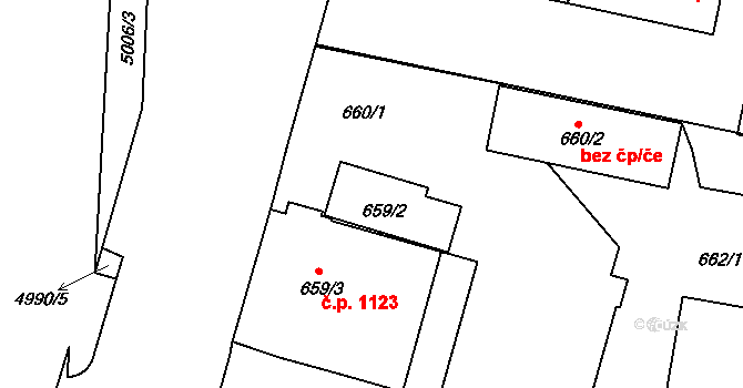 Smíchov 1123, Praha na parcele st. 659/2 v KÚ Smíchov, Katastrální mapa