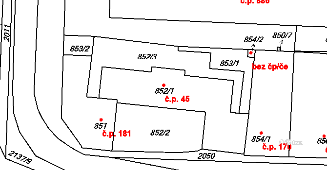 Kbely 45, Praha na parcele st. 852/1 v KÚ Kbely, Katastrální mapa